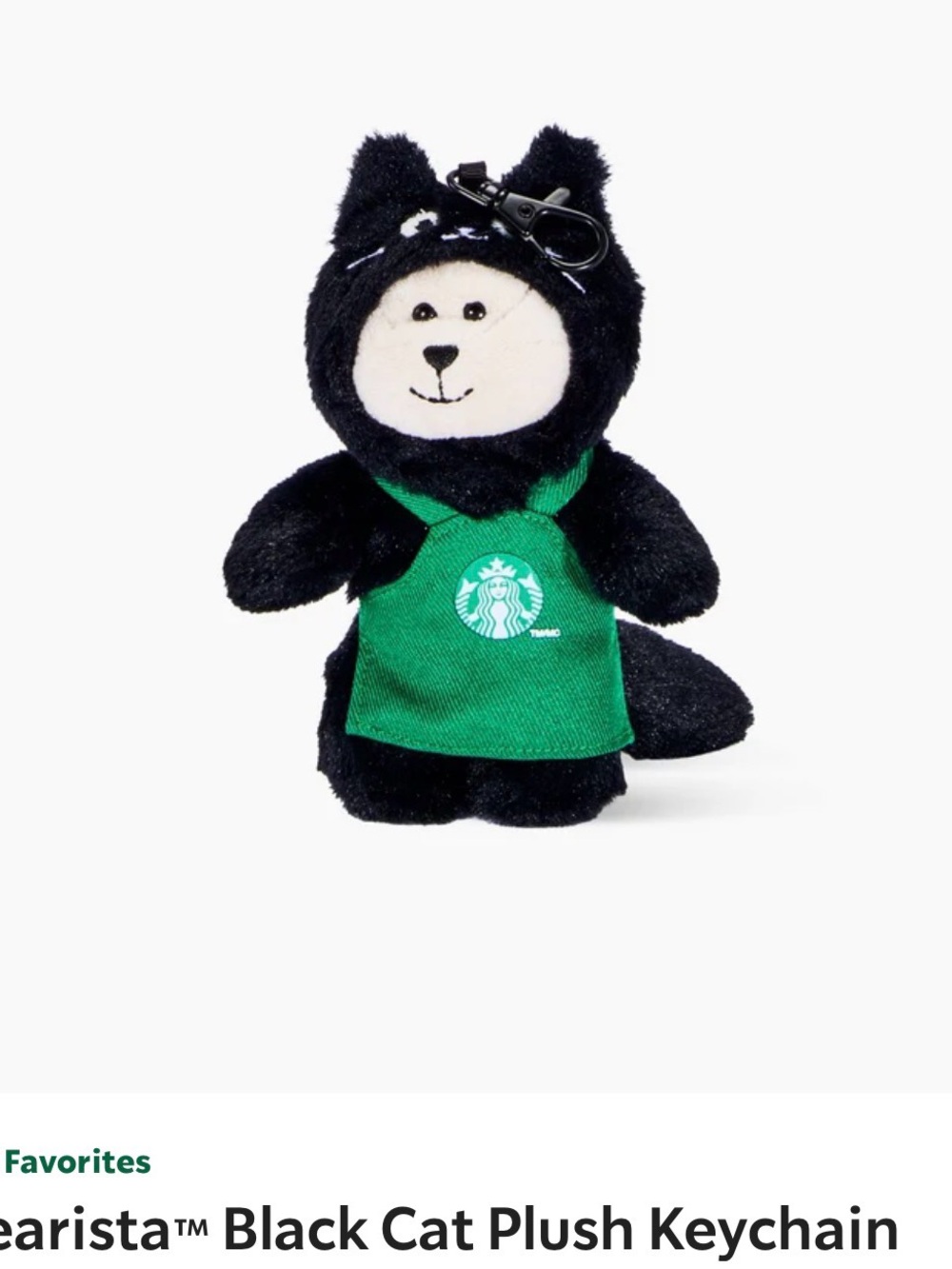 Starbucks Black Cat Plush Keychain with Green Apron